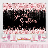 Lofaris Pink Rose And Black Glitter Sweet 16 Birthday Backdrop